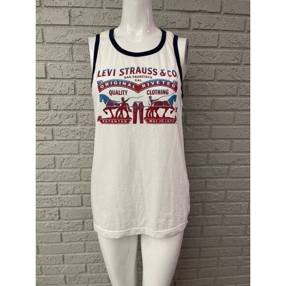 Vintage Levi’s Strauss & Co. White with Blue Trim Sleeveless Tank Top Size M - Picture 1 of 6